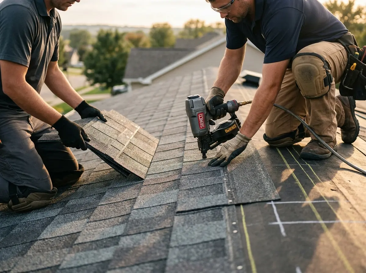 Professional roofer working on a residential roof in Osceola